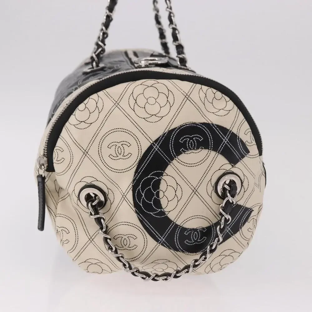 CHANEL Coated Canvas Camellia Printed Calfskin Bowling Bag